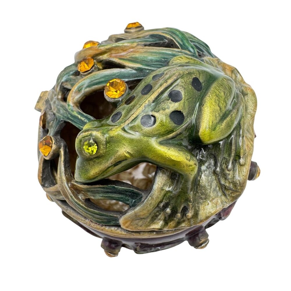 Frog Jeweled Trinket Box Burgundy Hinged Lid Yellow Gem Accents Magnetic
